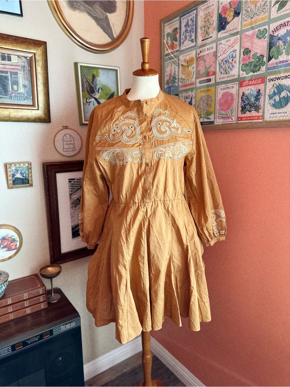 House of Harlow Embroidered Mustard Cotton Tunic Dress